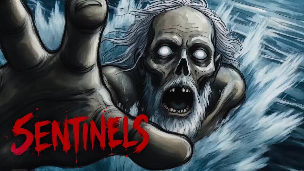 Sentinels poster: a white-eyed, bearded ghoul bursts from crashing waves, one giant hand reaching toward the viewer